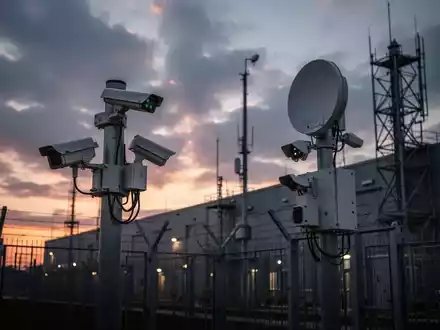 Moderne Überwachungstechnik und Sensoren an einer kritischen Infrastruktur bei Dämmerung. - Foto: über boerse-global.de