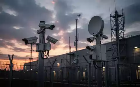 Moderne Überwachungstechnik und Sensoren an einer kritischen Infrastruktur bei Dämmerung. - Foto: über boerse-global.de