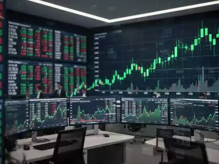 Steigende grüne Börsenkurse auf einer digitalen Anzeigetafel im Frankfurter Finanzviertel. - Foto: über boerse-global.de