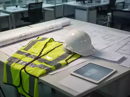 Sicherheitsausrüstung wie Schutzhelm und Warnweste auf einem Schreibtisch mit Plänen zur Arbeitssicherheit. - Foto: über boerse-global.de