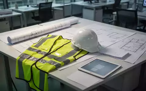 Sicherheitsausrüstung wie Schutzhelm und Warnweste auf einem Schreibtisch mit Plänen zur Arbeitssicherheit. - Foto: über boerse-global.de