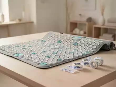 Akupressurmatte und medizinische Tapes auf einem hellen Holztisch in einem hellen Wellness-Studio. - Foto: über boerse-global.de
