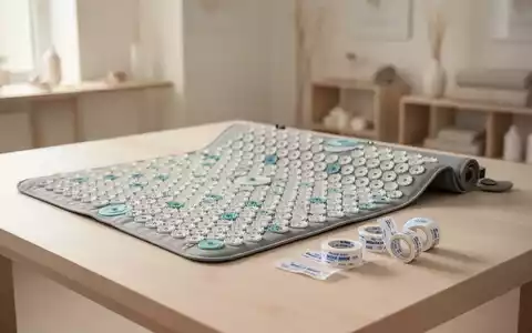 Akupressurmatte und medizinische Tapes auf einem hellen Holztisch in einem hellen Wellness-Studio. - Foto: über boerse-global.de