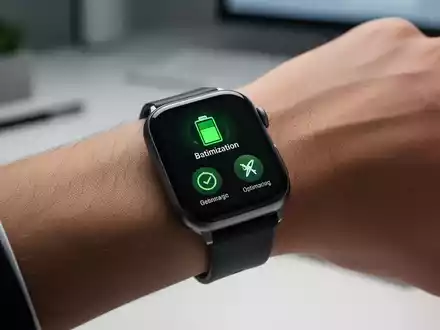 Nahaufnahme einer modernen Smartwatch am Handgelenk, die eine Benutzeroberfläche zur Optimierung der Akkulaufzeit anzeigt. - Foto: über boerse-global.de
