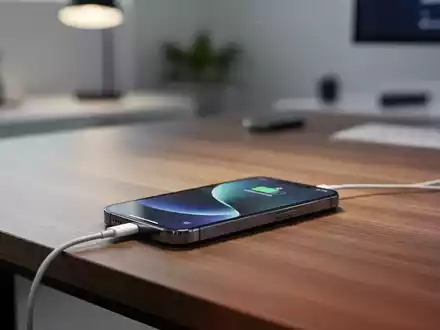 Ein modernes Smartphone liegt auf einem Schreibtisch und wird geladen, umgeben von einer minimalistischen Büro-Umgebung. - Foto: über boerse-global.de
