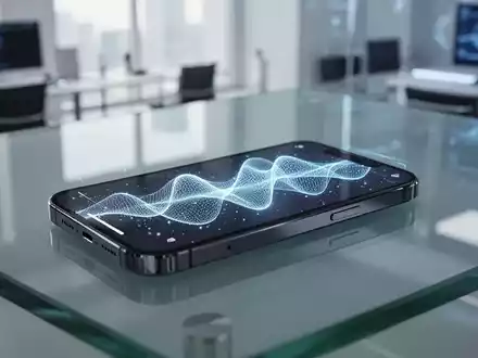 Ein modernes iPhone mit einer leuchtenden KI-Oberfläche auf dem Display in einem hellen, modernen Büro. - Foto: über boerse-global.de