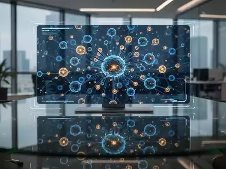 Abstraktes digitales neuronales Netzwerk auf einem modernen Schreibtisch zur Visualisierung von KI-Technologie. - Foto: über boerse-global.de