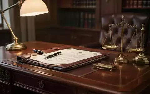 Ein antiker Schreibtisch mit einer Justitia-Waage, einem Füllfederhalter und einer Rechtsakte in einer Kanzlei. - Foto: über boerse-global.de