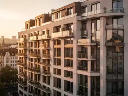 Ein modernes Wohngebäude in einer deutschen Stadt bei Sonnenuntergang, das den urbanen Wohnraum symbolisiert. - Foto: über boerse-global.de