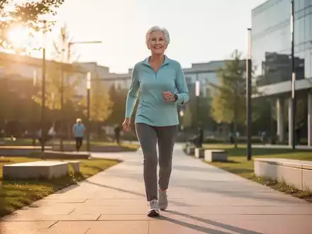 Eine aktive ältere Person, die zügig und gesund in einem sonnigen Park spazieren geht. - Foto: über boerse-global.de