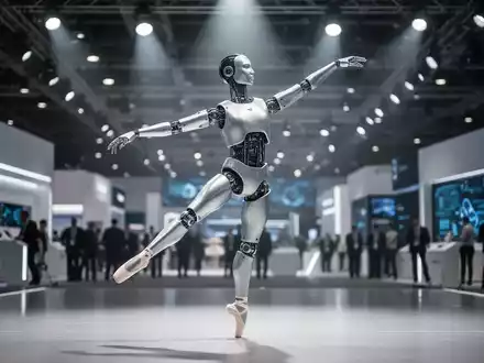 Ein humanoider Roboter von UBTECH führt auf einer Bühne eine Ballettpose vor, während menschliche Tänzer im Hintergrund stehen. - Foto: über boerse-global.de