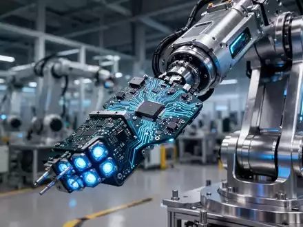 Nahaufnahme eines Hightech-Roboterarms mit komplexer Schaltkreis- und Sensoranordnung in einer Industrieumgebung. - Foto: über boerse-global.de