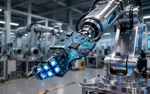 Nahaufnahme eines Hightech-Roboterarms mit komplexer Schaltkreis- und Sensoranordnung in einer Industrieumgebung. - Foto: über boerse-global.de