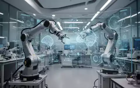 Ein hochmoderner Roboterarm interagiert mit einer digitalen KI-Visualisierung in einem Forschungslabor. - Foto: über boerse-global.de