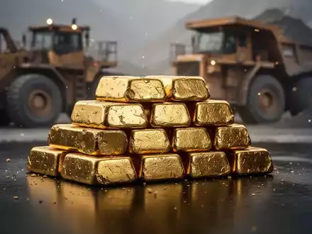 Goldbarren auf einer dunklen, reflektierenden Oberfläche vor einem verschwommenen industriellen Hintergrund. - Foto: über boerse-global.de