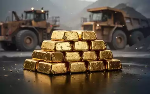 Goldbarren auf einer dunklen, reflektierenden Oberfläche vor einem verschwommenen industriellen Hintergrund. - Foto: über boerse-global.de
