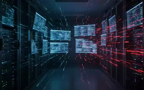 Dunkler Serverraum mit leuchtenden Datenströmen und digitalen Sicherheitssymbolen als visuelle Metapher für Cyberangriffe. - Foto: über boerse-global.de