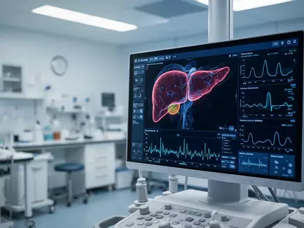 Ein moderner medizinischer Monitor zeigt digitale Leberbilder und biometrische Daten in einer klinischen Umgebung. - Foto: über boerse-global.de