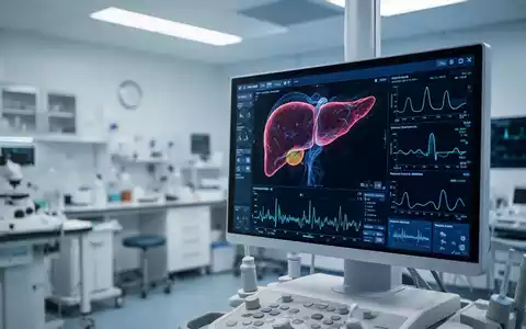 Ein moderner medizinischer Monitor zeigt digitale Leberbilder und biometrische Daten in einer klinischen Umgebung. - Foto: über boerse-global.de