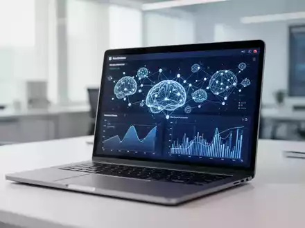 Moderner Laptop mit Datenanalyse-Dashboard und abstrakten KI-Visualisierungen in einem hellen Büro. - Foto: über boerse-global.de