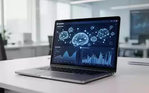 Moderner Laptop mit Datenanalyse-Dashboard und abstrakten KI-Visualisierungen in einem hellen Büro. - Foto: über boerse-global.de