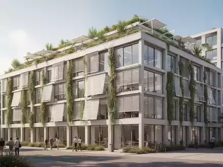 Modernes Bürogebäude mit Fassadenbegrünung und Sonnenschutzsystemen als Symbol für betrieblichen Klimaschutz. - Foto: über boerse-global.de