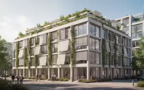 Modernes Bürogebäude mit Fassadenbegrünung und Sonnenschutzsystemen als Symbol für betrieblichen Klimaschutz. - Foto: über boerse-global.de