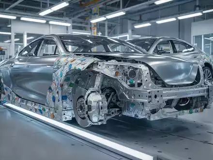 Modernes Fahrzeugchassis in einer hochtechnisierten Produktionsumgebung zur Veranschaulichung der Kreislaufwirtschaft. - Foto: über boerse-global.de