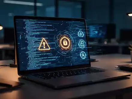 Laptop-Bildschirm mit abstraktem digitalem Code und Sicherheitswarnungen in einem gedämpft beleuchteten, professionellen Büro. - Foto: über boerse-global.de