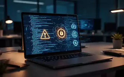 Laptop-Bildschirm mit abstraktem digitalem Code und Sicherheitswarnungen in einem gedämpft beleuchteten, professionellen Büro. - Foto: über boerse-global.de