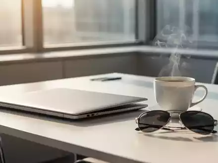 Ein geschlossener Laptop und eine Kaffeetasse auf einem Schreibtisch bei Tageslicht symbolisieren den Urlaubsbeginn. - Foto: über boerse-global.de