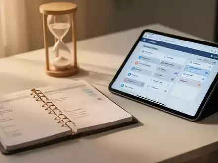 Ein aufgeräumter Schreibtisch mit einem Planer und einem digitalen Tablet zur Zeitplanung und Aufgabenverwaltung. - Foto: über boerse-global.de