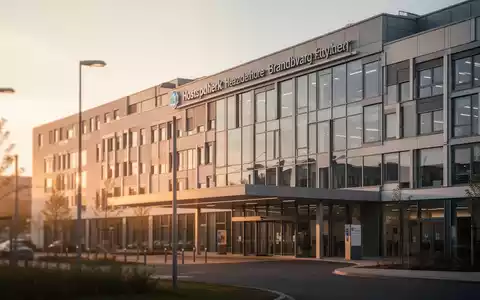 Modernes Klinikgebäude bei Sonnenuntergang als Symbol für die Krankenhausstruktur in Brandenburg. - Foto: über boerse-global.de