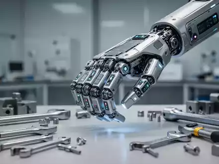 Ein präziser Roboterarm mit Greifwerkzeug in einer modernen Laborumgebung, der komplexe physikalische Aufgaben ausführt. - Foto: über boerse-global.de
