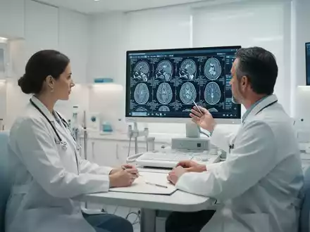 Medizinische Fachkraft betrachtet Gehirn-Scan-Bilder an einem Monitor in einer modernen Klinik. - Foto: über boerse-global.de