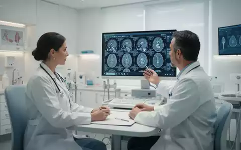 Medizinische Fachkraft betrachtet Gehirn-Scan-Bilder an einem Monitor in einer modernen Klinik. - Foto: über boerse-global.de