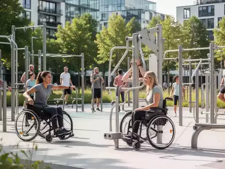 Moderner, barrierefreier Outdoor-Fitnesspark mit inklusiven Sportgeräten in einer städtischen Grünanlage bei Sommerwetter. - Foto: über boerse-global.de