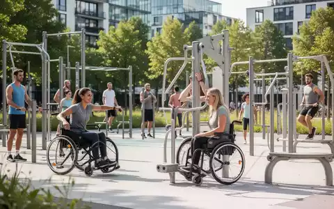 Moderner, barrierefreier Outdoor-Fitnesspark mit inklusiven Sportgeräten in einer städtischen Grünanlage bei Sommerwetter. - Foto: über boerse-global.de