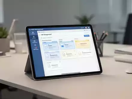 Ein moderner Schreibtisch mit einem Tablet, auf dem digitale Dokumentenverwaltung und HR-Software zu sehen sind. - Foto: über boerse-global.de