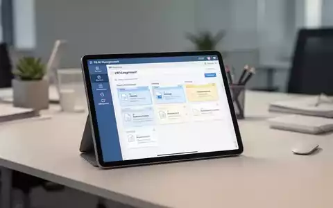 Ein moderner Schreibtisch mit einem Tablet, auf dem digitale Dokumentenverwaltung und HR-Software zu sehen sind. - Foto: über boerse-global.de