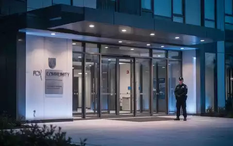 Ein Sicherheitsmitarbeiter bewacht den Eingang eines Gemeindegebäudes in der Abenddämmerung. - Foto: über boerse-global.de