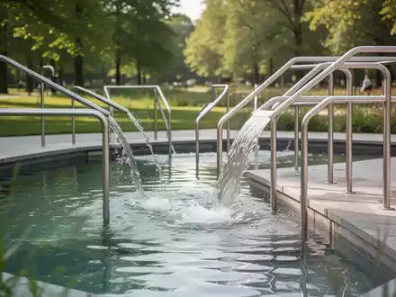 Moderne Wassertretanlage in einer Parkanlage mit klarem fließendem Wasser und Edelstahlgeländern. - Foto: über boerse-global.de