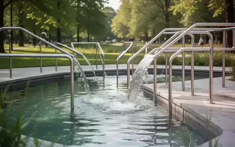 Moderne Wassertretanlage in einer Parkanlage mit klarem fließendem Wasser und Edelstahlgeländern. - Foto: über boerse-global.de