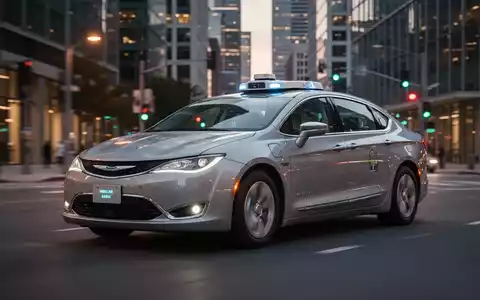 Ein autonomes Waymo-Robotaxi fĂ€hrt durch eine moderne Stadt bei DĂ€mmerung. - Foto: ĂŒber boerse-global.de