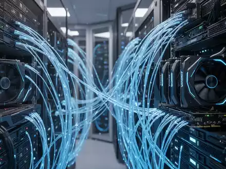 Moderne Serverräume mit leuchtenden Glasfaserkabeln und Hochleistungs-Grafikprozessoren als Symbol für KI-Infrastruktur. - Foto: über boerse-global.de