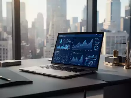 Moderner Büroarbeitsplatz mit Laptop und Datenanalysen vor einer verschwommenen Kulisse eines Geschäftsviertels. - Foto: über boerse-global.de