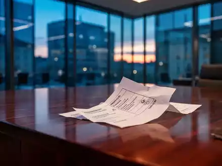 Ein moderner Konferenzraum mit einem einzelnen Wahlzettel auf einem Schreibtisch vor einer verschwommenen Büro-Kulisse. - Foto: über boerse-global.de