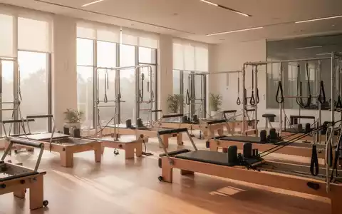 Ein helles, modern eingerichtetes Pilates-Studio mit professionellen Reformer-Geräten in einer ruhigen, minimalistischen Umgebung. - Foto: über boerse-global.de