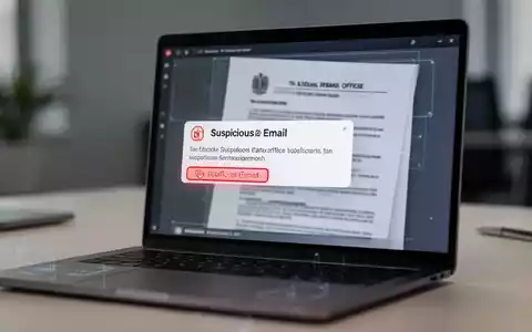 Laptop-Bildschirm mit einer verdächtigen E-Mail und einem Steuerdokument als Symbol für Phishing-Gefahren. - Foto: über boerse-global.de