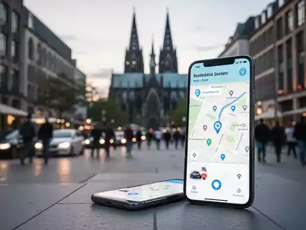 Smartphone mit einer Ride-Sharing-App vor einer unscharfen Kölner Stadtkulisse mit Dom. - Foto: über boerse-global.de